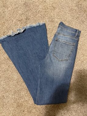 Sneak Peek Mid Blue Frayed Hem Wide Leg Jeans
